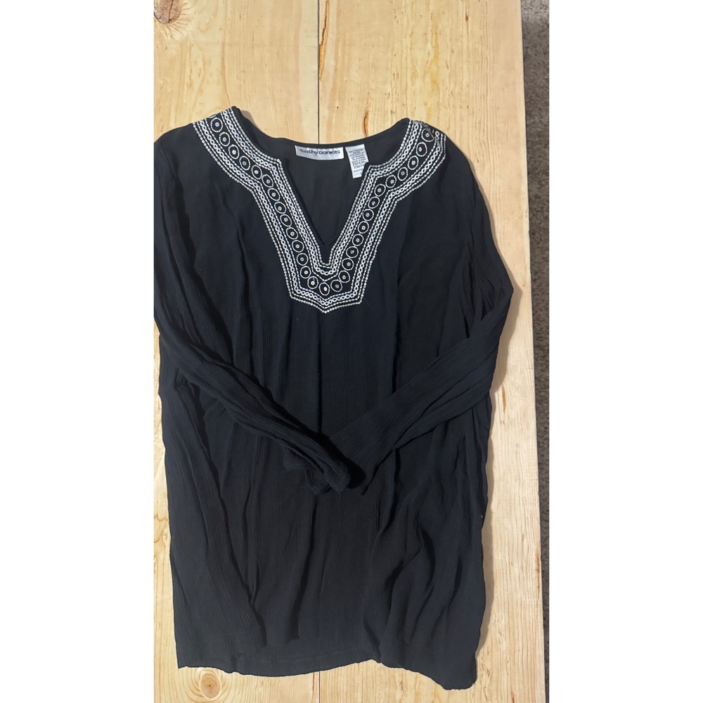 Cathy Daniels Black Crinkle Viscose Tunic Silver Sequin‎ Embroidered Boho Top L